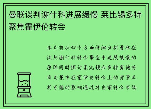 曼联谈判谢什科进展缓慢 莱比锡多特聚焦霍伊伦转会