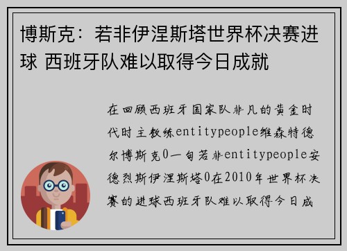 博斯克：若非伊涅斯塔世界杯决赛进球 西班牙队难以取得今日成就